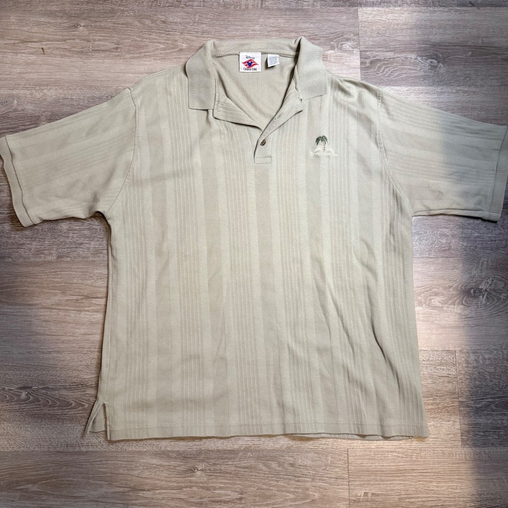 Vintage Disney Cruise Line Mens XL Polo Shirt Tan Khaki Ribbed Palm Tree Logo